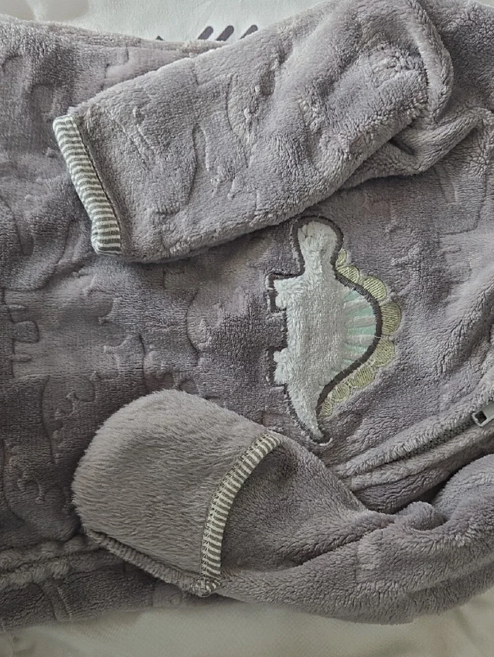3 For $20 Baby One-Piece Hooded Footed One Piece in Gray with Dinosaurs 0/3month